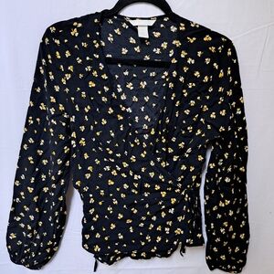 HM Black Yellow Floral Clover Wrap Blouse Long Sleeve V-Neck Top Size 10